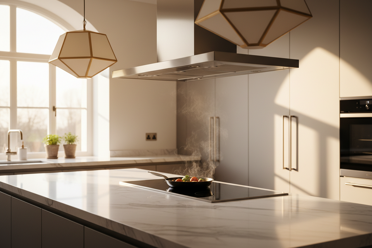 Modern kitchen with a stainless steel rangehood mounted above an induction cooktop