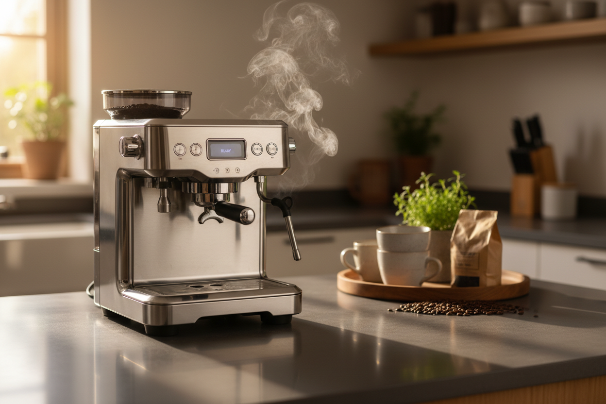 Stainless steel espresso machine with built-in grinder on a kitchen counter, steaming
