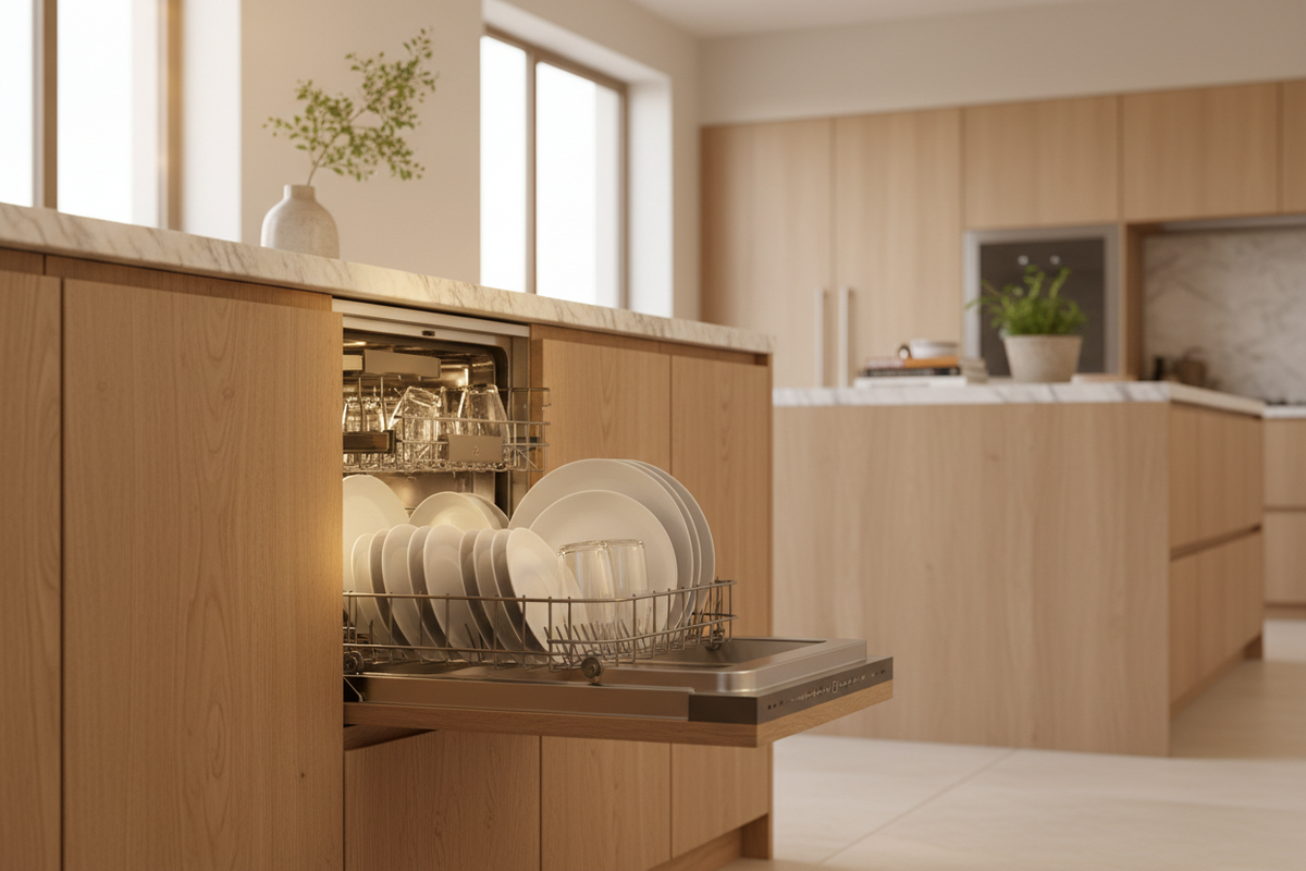 Integrated dishwasher with rack pulled out, loaded with clean dishes, in a timber kitchen