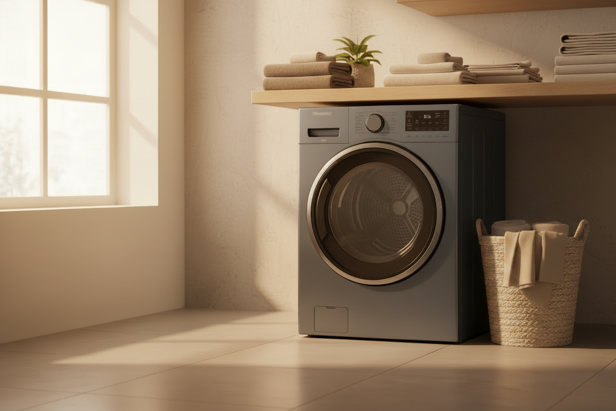 Front-load clothes dryer with digital display, in a sunlit laundry room