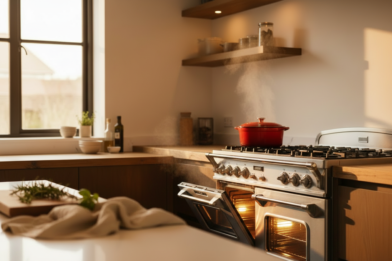 Built-in oven with the door open, glowing warmly in a kitchen with wooden shelving