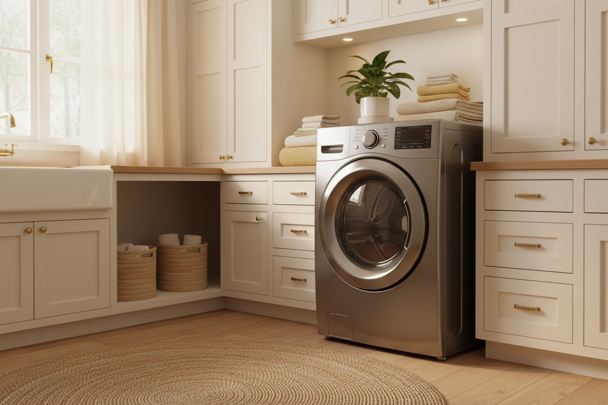 Front-load washing machine with a chrome-trimmed door, in a bright laundry space with a plant nearby