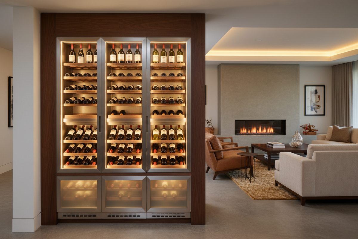 Built-in wine cabinet with multiple glass-door compartments, fully stocked, in a living room