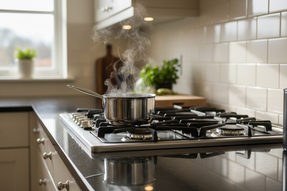 Stainless steel gas cooktop with a pot cooking on a kitchen island